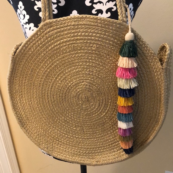 Jute blend round shoulder bag with multi-color tassel detail - Picture 1 of 12